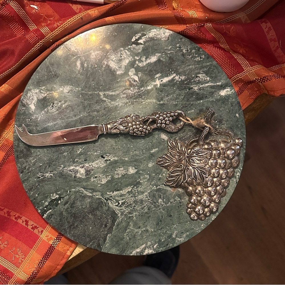 Pewter Grape Cheese Knife on Green Marble Board